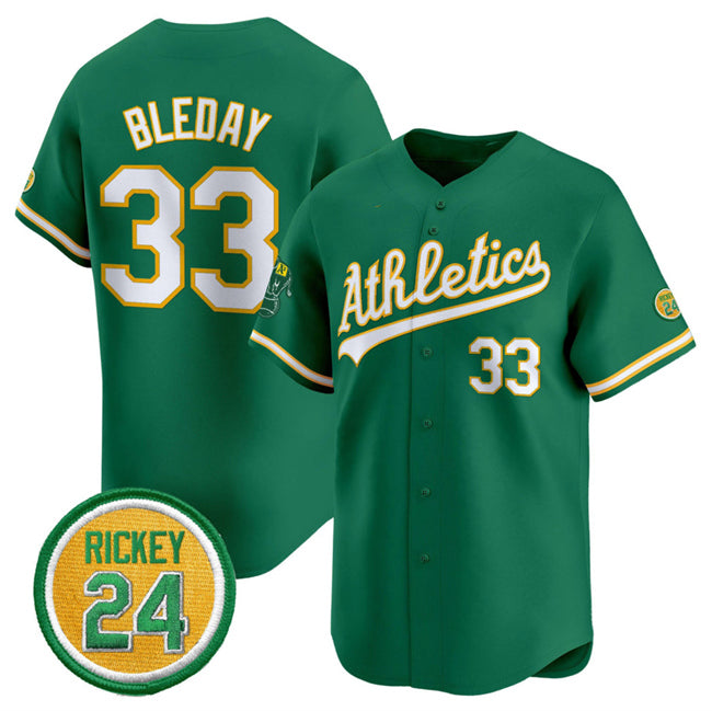 Oakland Athletics #33 JJ Bleday Green Puhics 2024 Limited With Rickey Henderson Patch Stitched Jersey