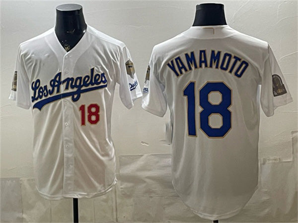 Los Angeles Dodgers #18 Yoshinobu Yamamoto White Puhics 2026 Gold Collection 9x & B2B Champs Patch Stitched Jersey