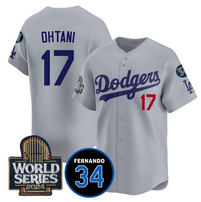 Los Angeles Dodgers #17 Shohei Ohtani Grey Puhics 2024 World Series With Fernando Memorial Patch Limited Stitched Jersey