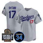 Los Angeles Dodgers #17 Shohei Ohtani Grey Puhics 2024 World Series With Fernando Memorial Patch Limited Stitched Jersey