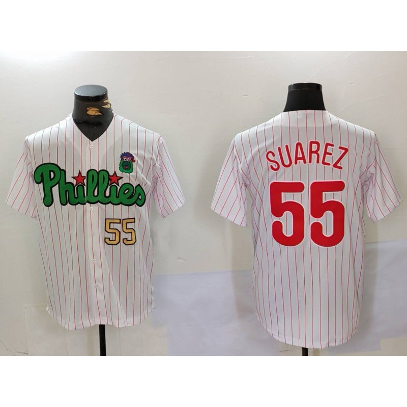 Philadelphia Phillies #55 Ranger Su¨¢rez White Green Puhics Cool Base Stitched Jerseys