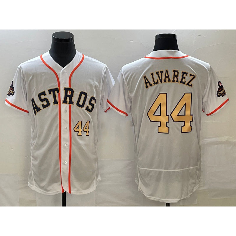 Houston Astros #44 Yordan Alvarez Number 2023 White Gold Puhics World Serise Champions Patch Flex Base Stitched Jersey 2