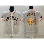 Houston Astros #44 Yordan Alvarez Number 2023 White Gold Puhics World Serise Champions Patch Flex Base Stitched Jersey 2