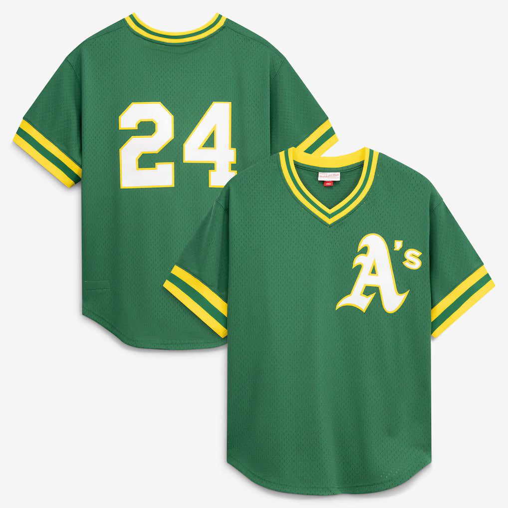 Oakland Athletics #24 Rickey Henderson Mitchell & Ness Green Puhics Authentic Batting Practice Jersey 2