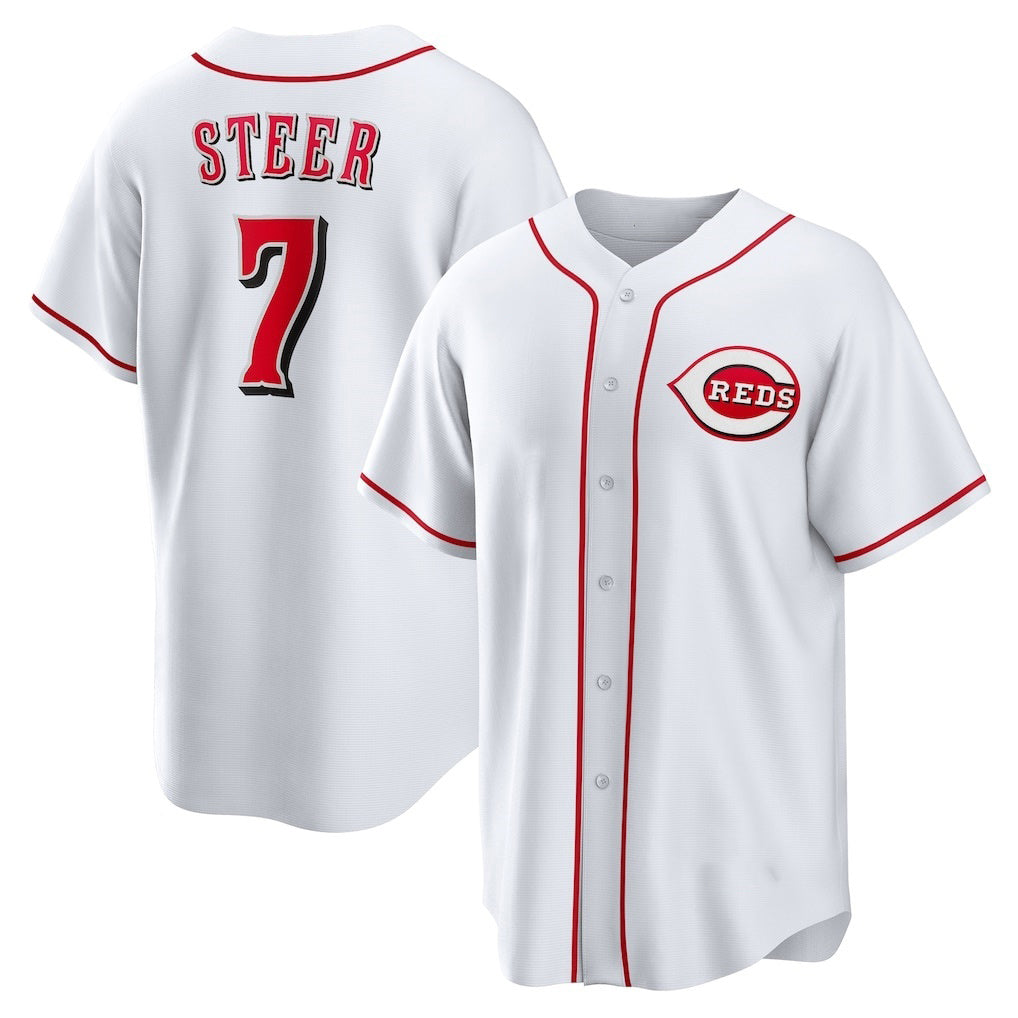 Cincinnati Reds #7 Spencer Steer White Puhics Home Replica Jersey