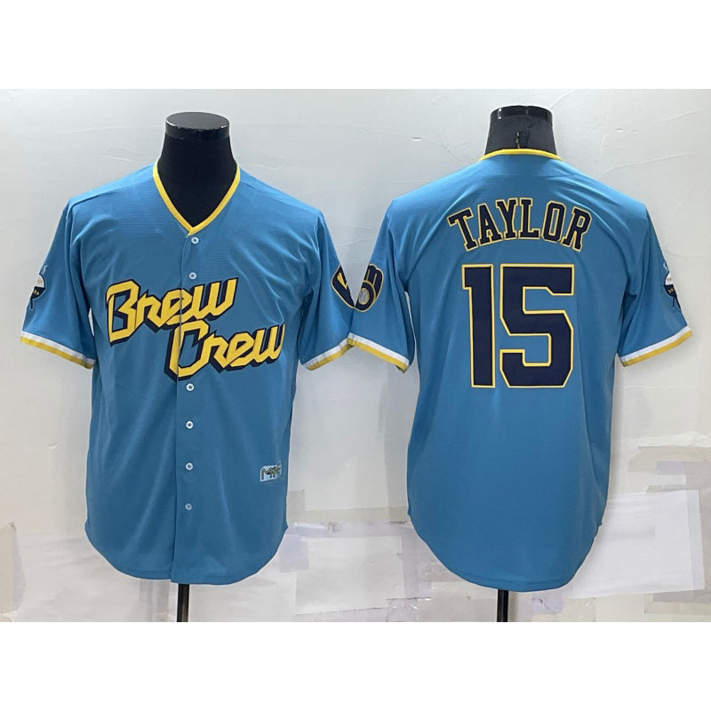 Milwaukee Brewers #15 Tyrone Taylor Blue Puhics 2022 City Connect Cool Base Stitched Jersey