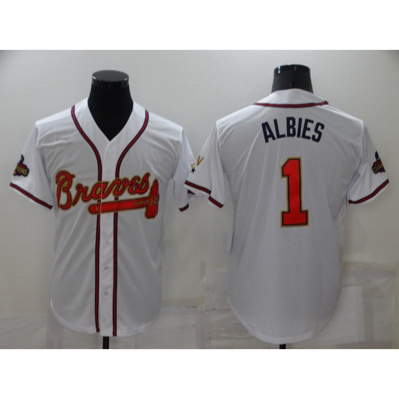 Atlanta Braves #1 Ozzie Albies 2022 White Gold Puhics World Series Champions Program Cool Base Stitched Jersey