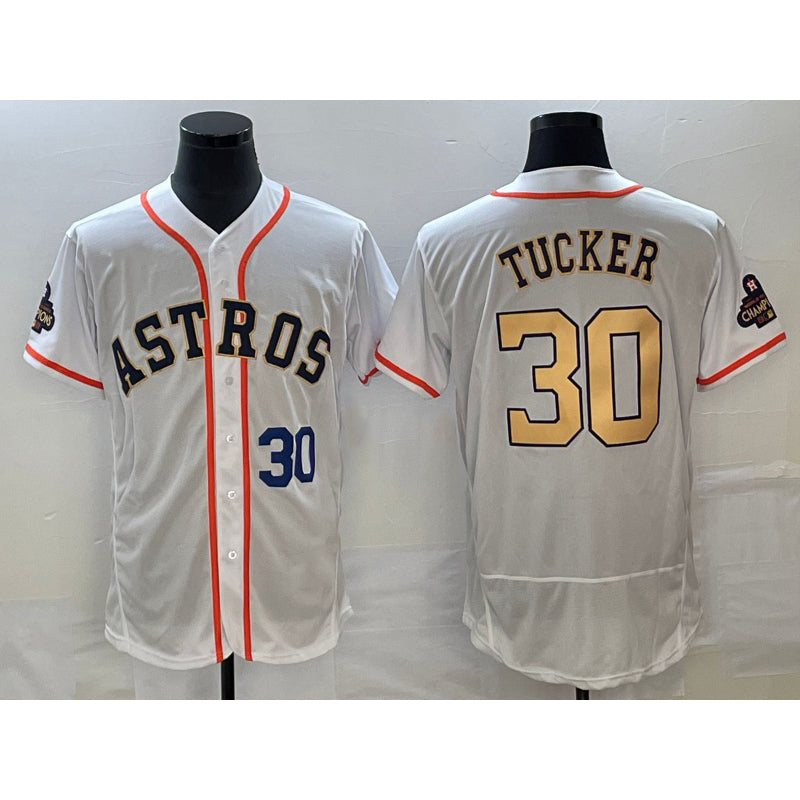 Houston Astros #30 Kyle Tucker Number 2023 White Gold Puhics World Serise Champions Patch Flex Base Stitched Jersey 3