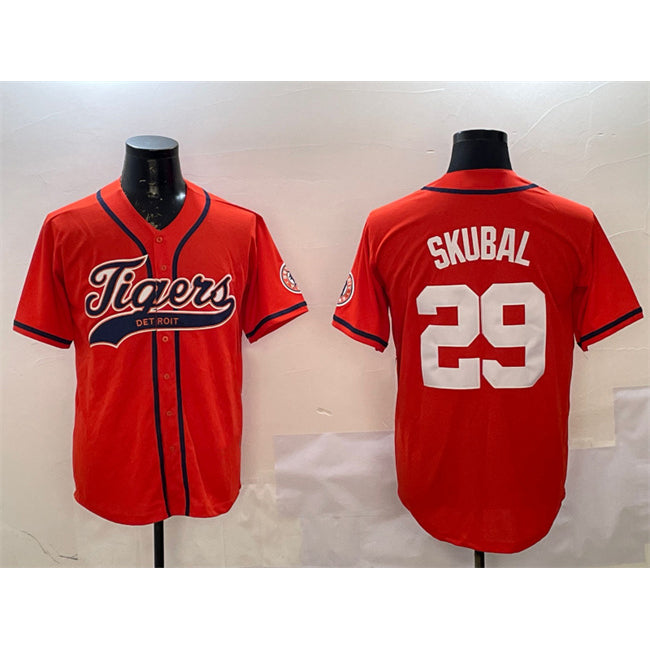 Detroit Tigers #29 Tarik Skubal Orange Puhics With Patch Cool Base Stitched Jersey 2
