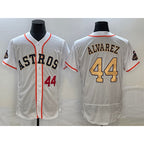 Houston Astros #44 Yordan Alvarez Number 2023 White Gold Puhics World Serise Champions Patch Flex Base Stitched Jersey