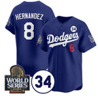 Los Angeles Dodgers #8 Enrique Hern¨¢ndez Royal Puhics 2024 World Series With No. 34 Patch Limited Stitched Jersey