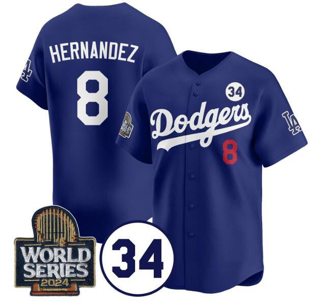 Los Angeles Dodgers #8 Enrique Hern¨¢ndez Royal Puhics 2024 World Series With No. 34 Patch Limited Stitched Jersey