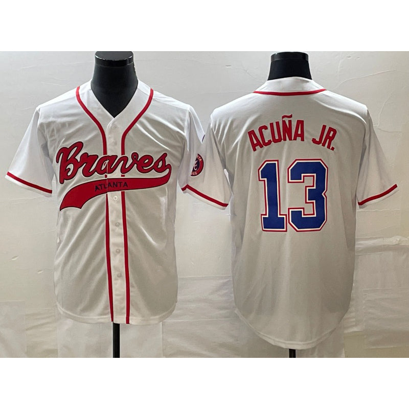 Atlanta Braves #13 Ronald Acuna Jr White Puhics Cool Base With Patch Stitched Jersey