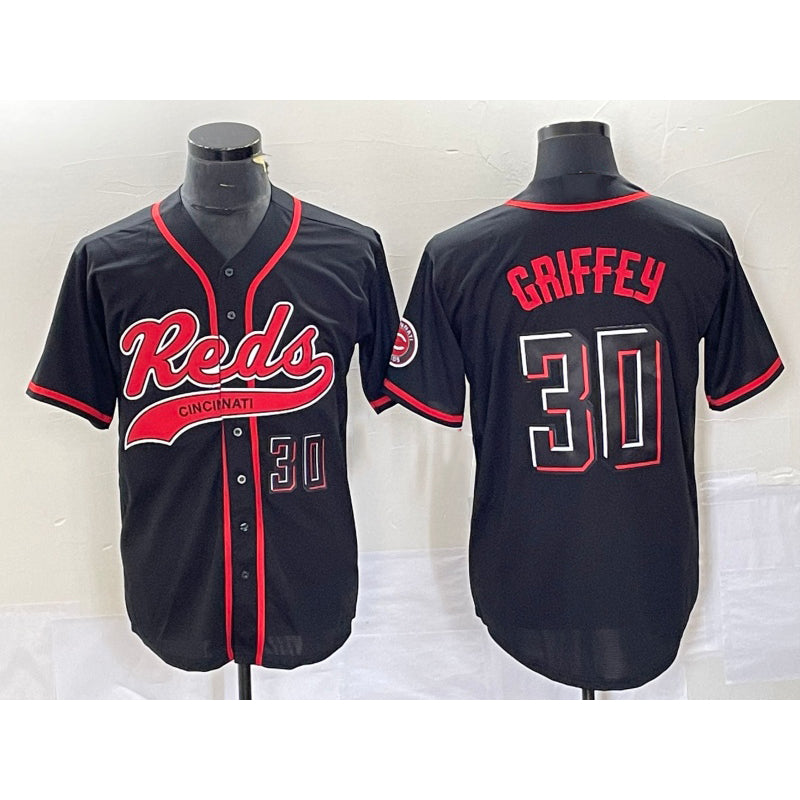 Cincinnati Reds #30 Ken Griffey Jr Number Black Puhics 2023 City Connect Cool Base Stitched Jersey 2