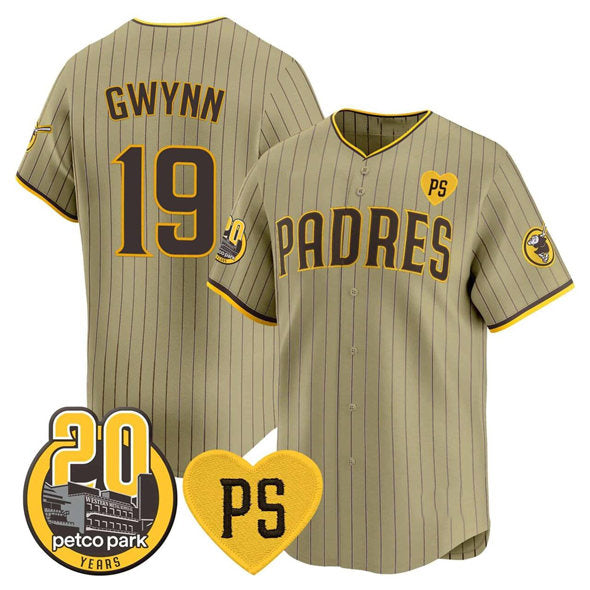 San Diego Padres #19 Tony Gwynn Tan Puhics 'For Peter' And Petco Park 20th Patch Limited Stitched Jersey