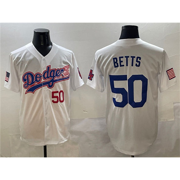 Los Angeles Dodgers #50 Mookie Betts White Puhics With American Flag Patch Limited Stitched Jersey