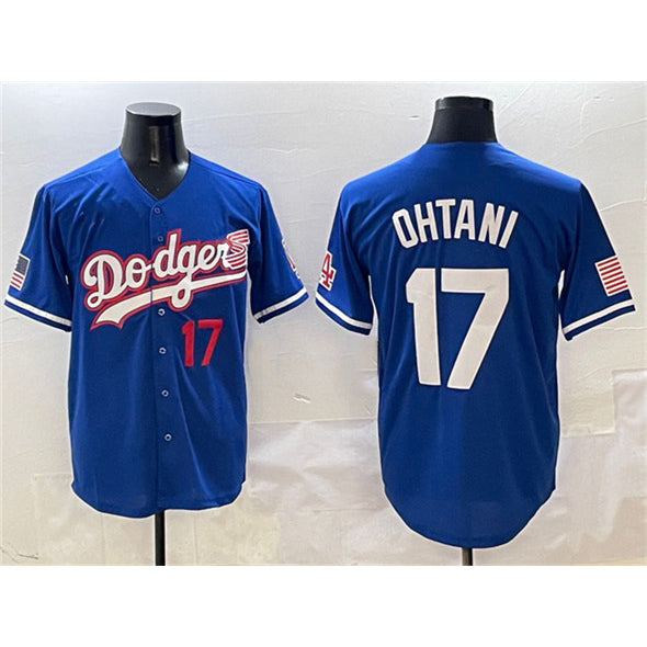 Los Angeles Dodgers #17 Shohei Ohtani Royal Puhics With American Flag Patch Limited Stitched Jersey