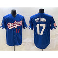 Los Angeles Dodgers #17 Shohei Ohtani Royal Puhics With American Flag Patch Limited Stitched Jersey