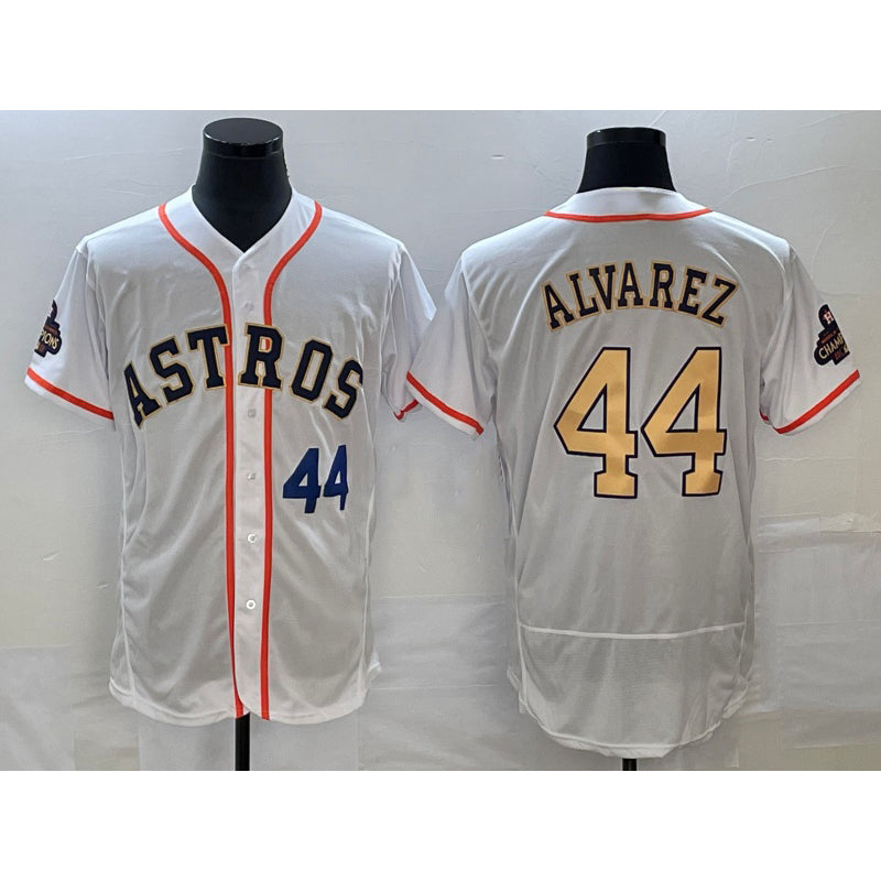 Houston Astros #44 Yordan Alvarez Number 2023 White Gold Puhics World Serise Champions Patch Flex Base Stitched Jersey 3