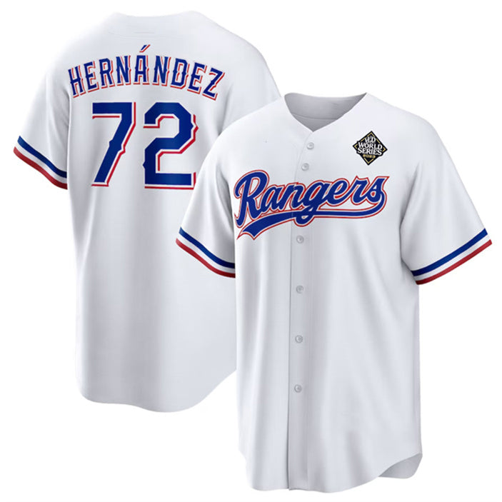 Texas Rangers #72 Jonathan Hern¨¢ndez White Puhics 2023 World Series Stitched Jersey